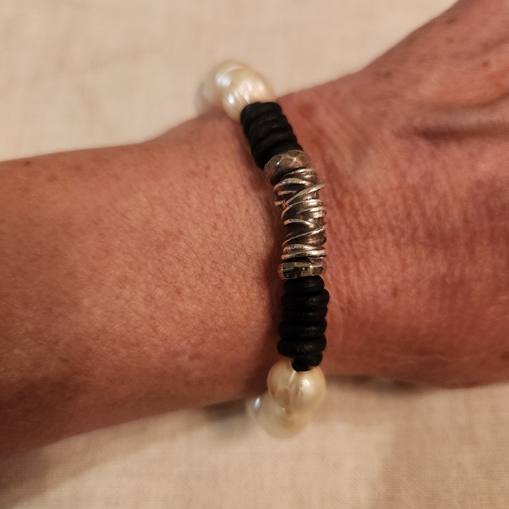 Handmade freshwater pearls, silver, and Black Leather Wrap Bracelet